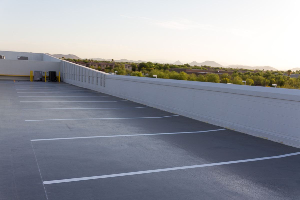 Rooftop parking deck coated and re-striped at a Mercedes-Benz dealership